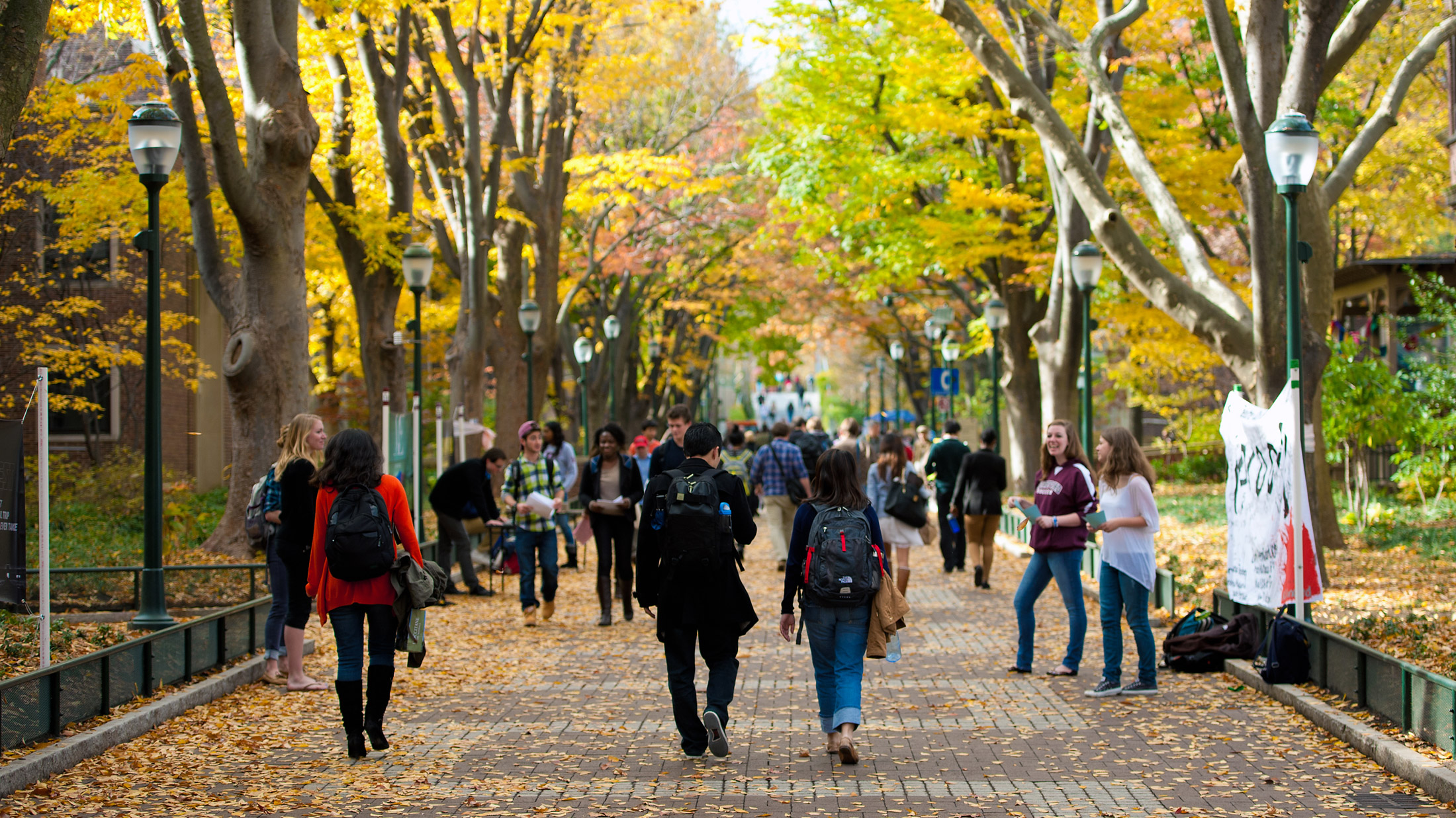 Students walk along Locust Walk in University City.
