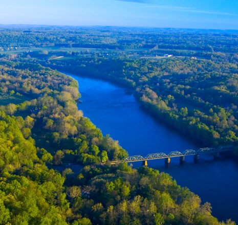 An aerial view of a river in Bucks County, PA.