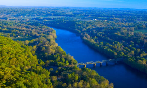 An aerial view of a river in Bucks County, PA.